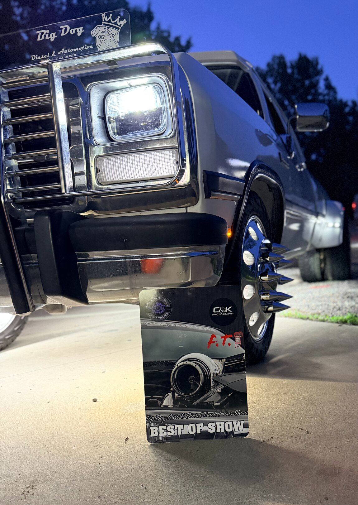 Big Dog Diesel dually with its Best of Show award at the Top Dog Auto and Diesel Truck Show